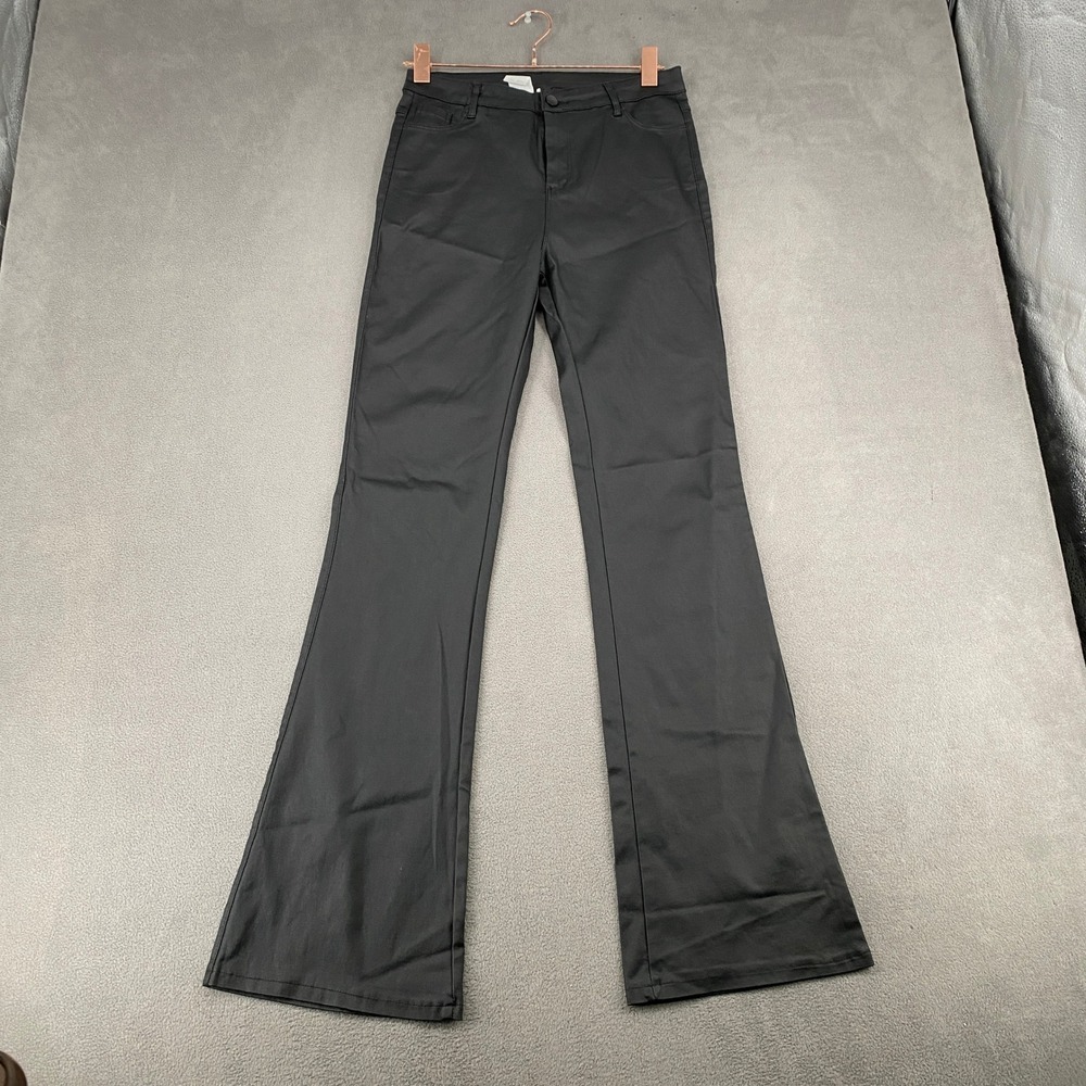Black Coated Flare Pants High Rise Bell Bottom Trousers Size L 7572